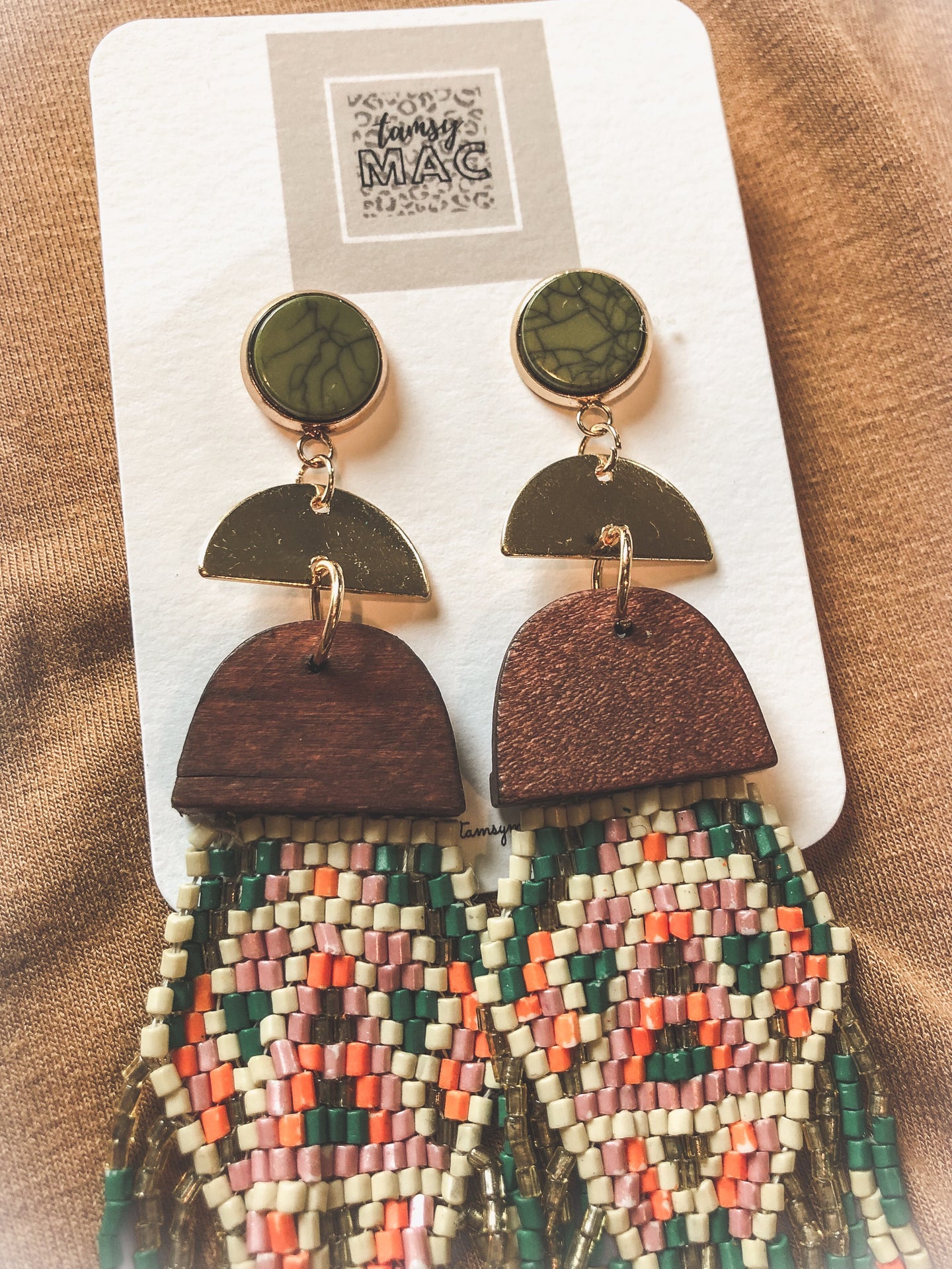 Tribal Earrings - Green/Orange & Wood