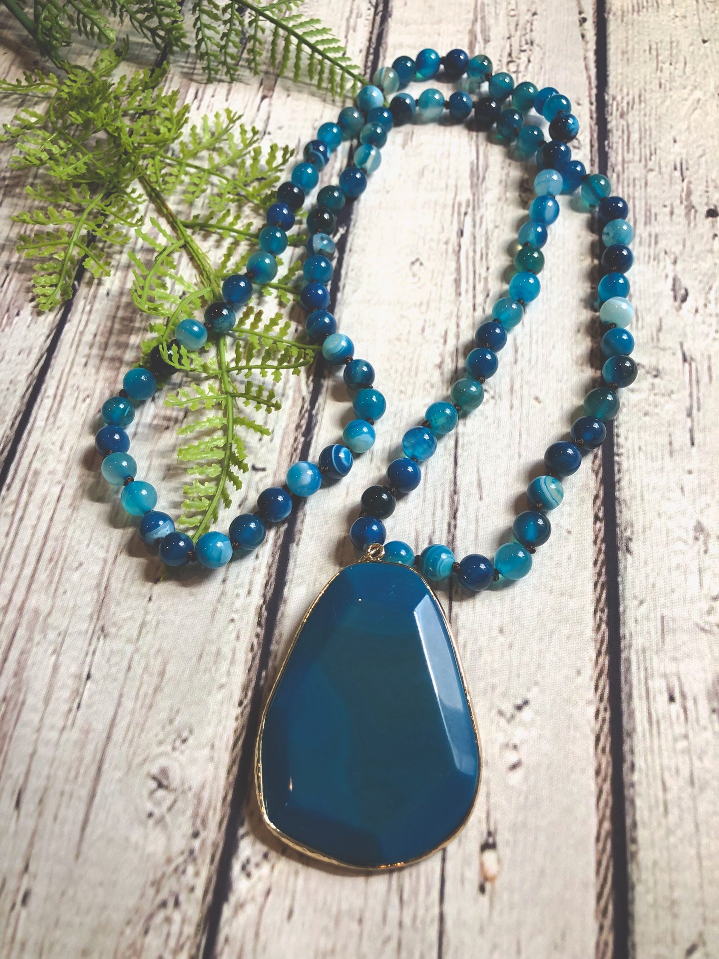 Long Natural Stone Necklace - Blue/Gold