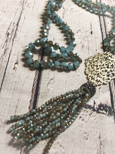 Long Glass Tassel Necklace - Gold/Brown/Greens
